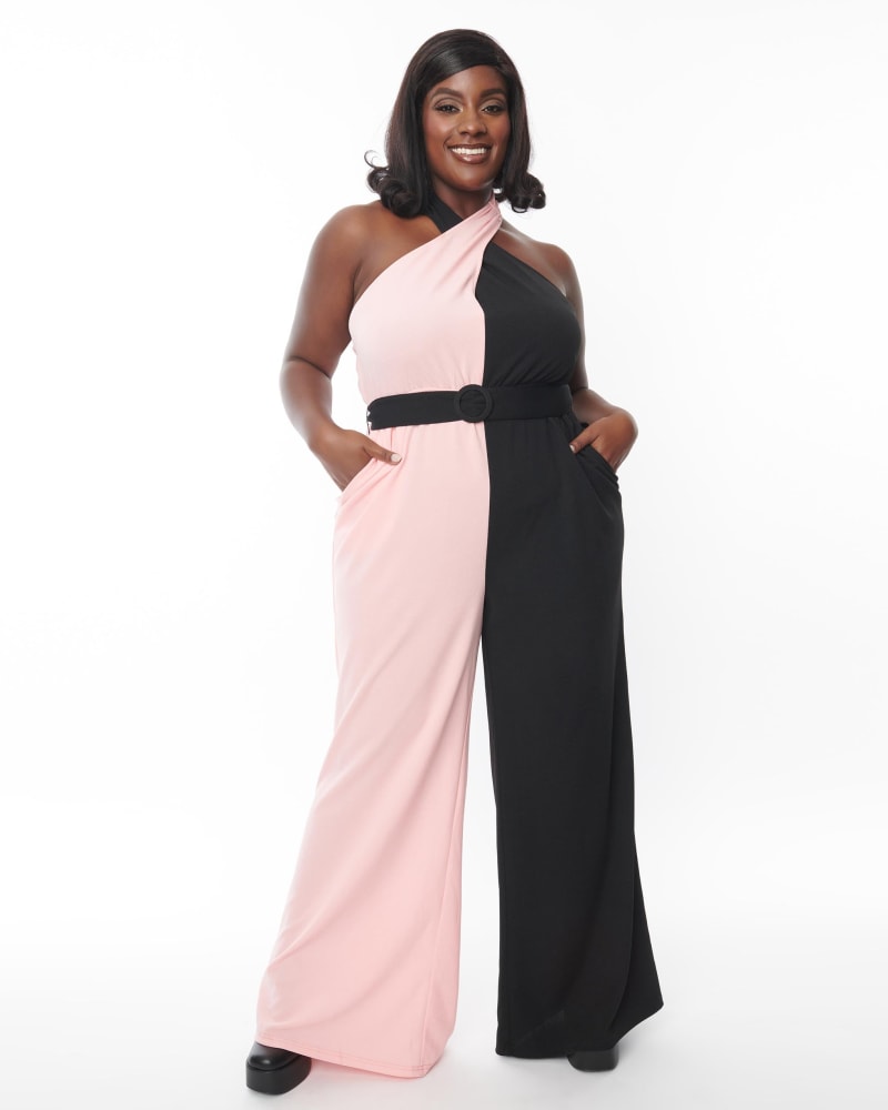Smak Parlour Pink Black Colorblock Draped Darling Jumpsuit Pink B